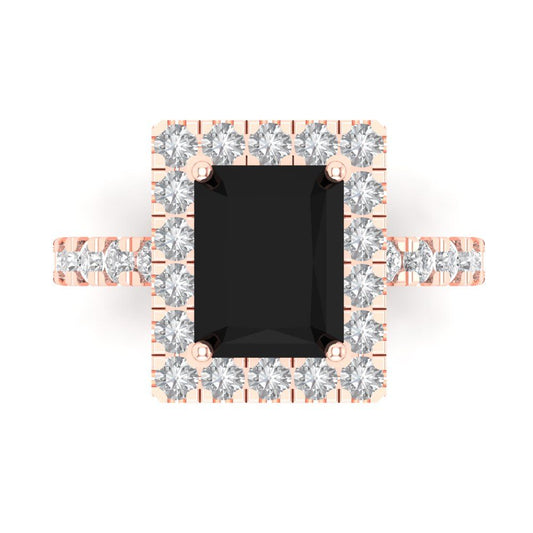3.84 cttw Natural Onyx Solitaire with Zirconia Simulated Diamond Accents Engagement Ring - Solid Rose Gold (VVS1, Emerald Cut,9x7mm)