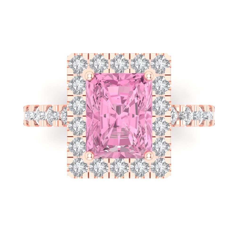 3.84 cttw Zirconia Simulated Pink Diamond Solitaire with Zirconia Simulated Diamond Accents Engagement Ring - Solid Rose Gold (VVS1, Emerald Cut,9x7mm)