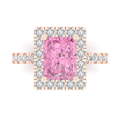 3.84 cttw Zirconia Simulated Pink Diamond Solitaire with Zirconia Simulated Diamond Accents Engagement Ring - Solid Rose Gold (VVS1, Emerald Cut,9x7mm)