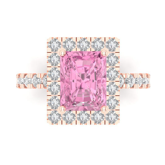 3.84 cttw Zirconia Simulated Pink Diamond Solitaire with Zirconia Simulated Diamond Accents Engagement Ring - Solid Rose Gold (VVS1, Emerald Cut,9x7mm)