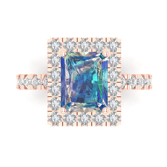 3.84 cttw Blue Moissanite Solitaire with Zirconia Simulated Diamond Accents Engagement Ring - Solid Rose Gold (VVS1, Emerald Cut,9x7mm)