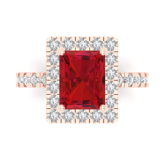 3.84 cttw Simulated Ruby Solitaire with Zirconia Simulated Diamond Accents Engagement Ring - Solid Rose Gold (VVS1, Emerald Cut,9x7mm)