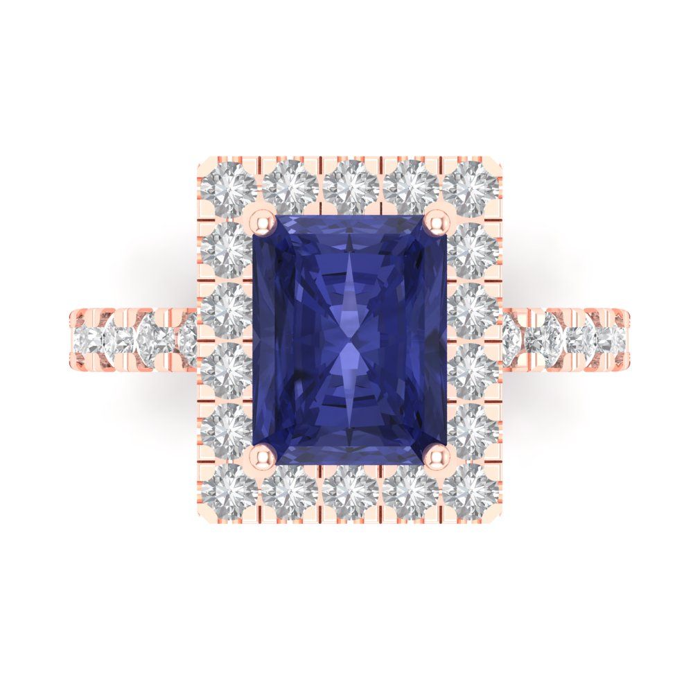 3.84 cttw Simulated Tanzanite Solitaire with Zirconia Simulated Diamond Accents Engagement Ring - Solid Rose Gold (VVS1, Emerald Cut,9x7mm)