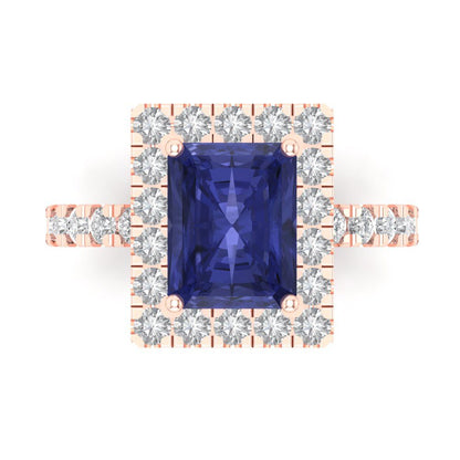 3.84 cttw Simulated Tanzanite Solitaire with Zirconia Simulated Diamond Accents Engagement Ring - Solid Rose Gold (VVS1, Emerald Cut,9x7mm)