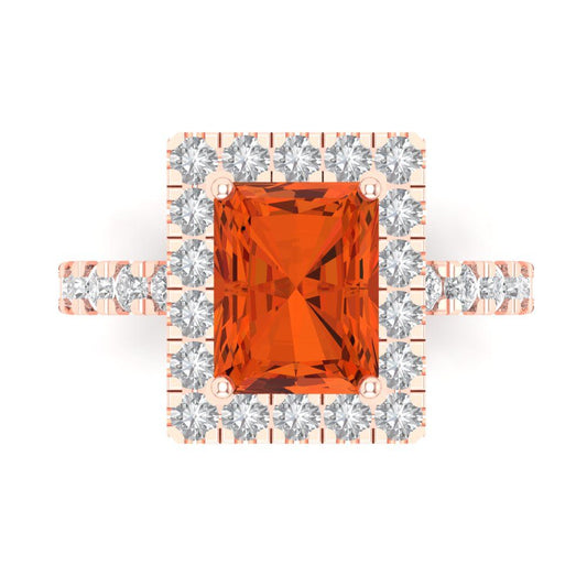 3.84 cttw Zirconia Simulated Red Diamond Solitaire with Zirconia Simulated Diamond Accents Engagement Ring - Solid Rose Gold (VVS1, Emerald Cut,9x7mm)