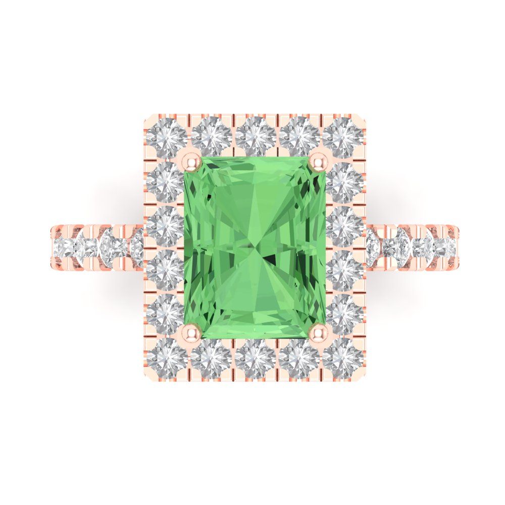 3.84 cttw Zirconia Simulated Green Diamond Solitaire with Zirconia Simulated Diamond Accents Engagement Ring - Solid Rose Gold (VVS1, Emerald Cut,9x7mm)