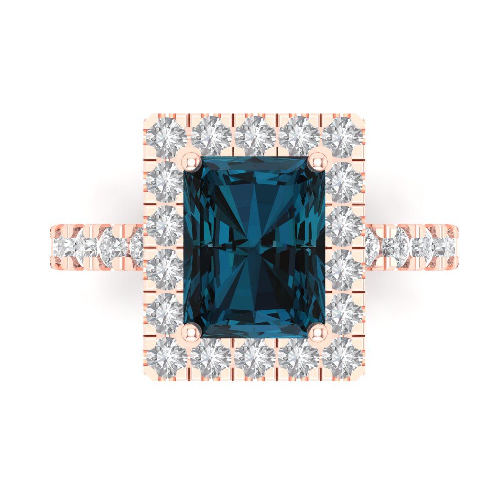 3.84 cttw Natural London Blue Topaz Solitaire with Zirconia Simulated Diamond Accents Engagement Ring - Solid Rose Gold (VVS1, Emerald Cut,9x7mm)