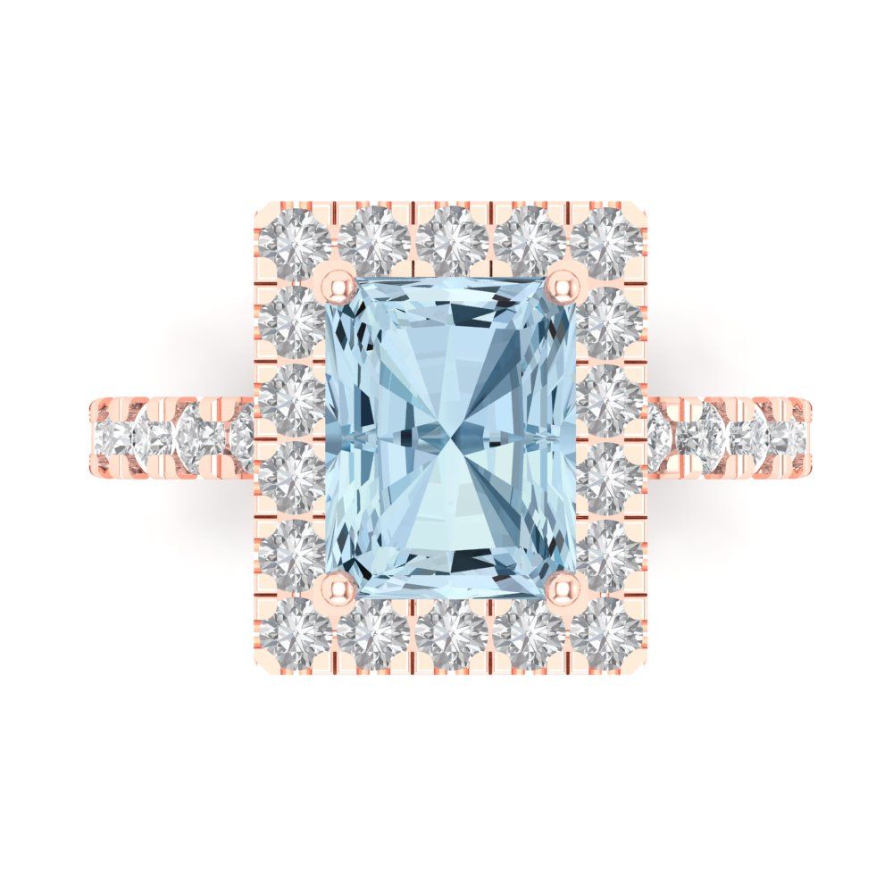3.84 cttw Zirconia Simulated Blue Diamond Solitaire with Zirconia Simulated Diamond Accents Engagement Ring - Solid Rose Gold (VVS1, Emerald Cut,9x7mm)