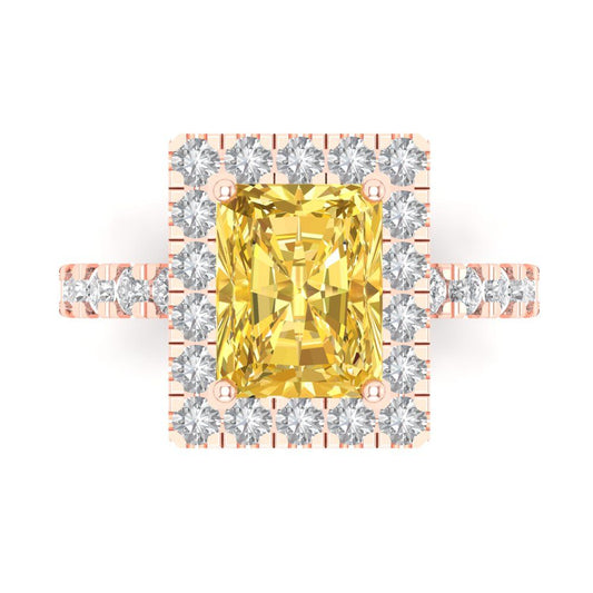 3.84 cttw Zirconia Simulated Yellow Diamond Solitaire with Zirconia Simulated Diamond Accents Engagement Ring - Solid Rose Gold (VVS1, Emerald Cut,9x7mm)