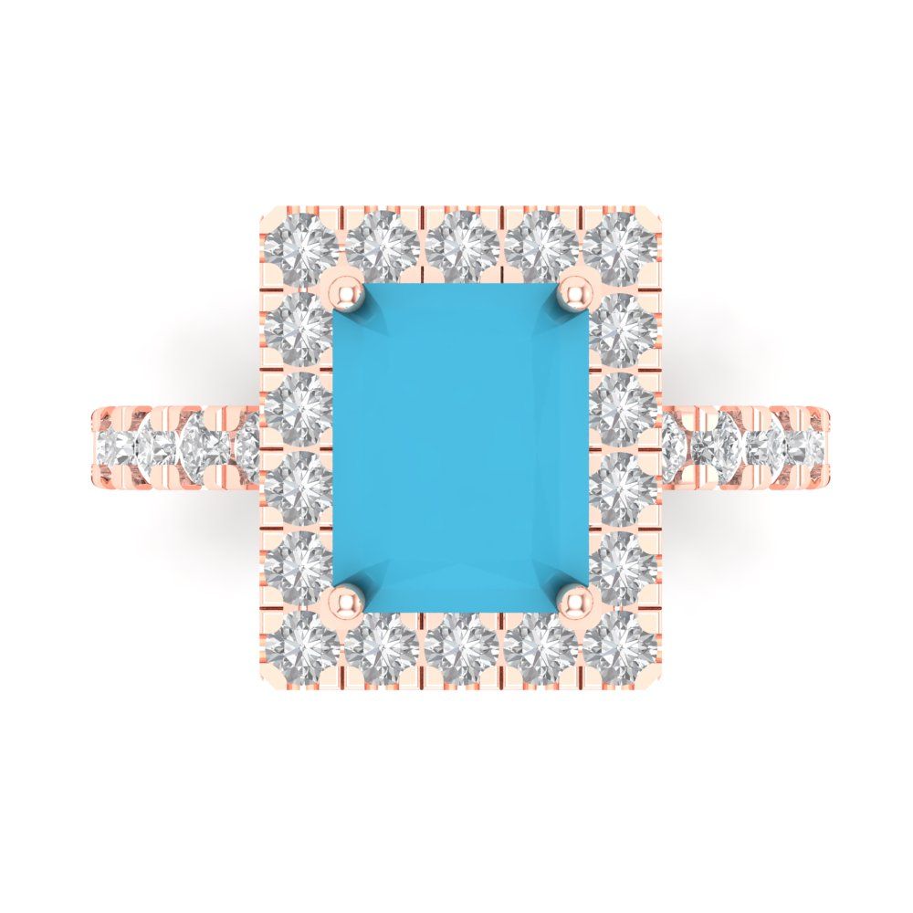 3.84 cttw Simulated Turquoise Solitaire with Zirconia Simulated Diamond Accents Engagement Ring - Solid Rose Gold (VVS1, Emerald Cut,9x7mm)