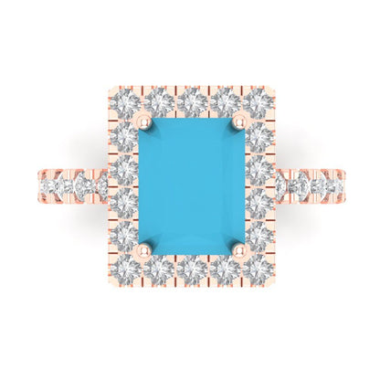 3.84 cttw Simulated Turquoise Solitaire with Zirconia Simulated Diamond Accents Engagement Ring - Solid Rose Gold (VVS1, Emerald Cut,9x7mm)