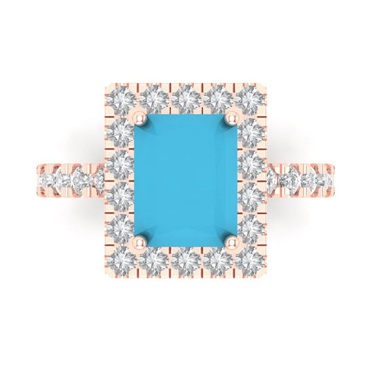3.84 cttw Simulated Turquoise Solitaire with Zirconia Simulated Diamond Accents Engagement Ring - Solid Rose Gold (VVS1, Emerald Cut,9x7mm)