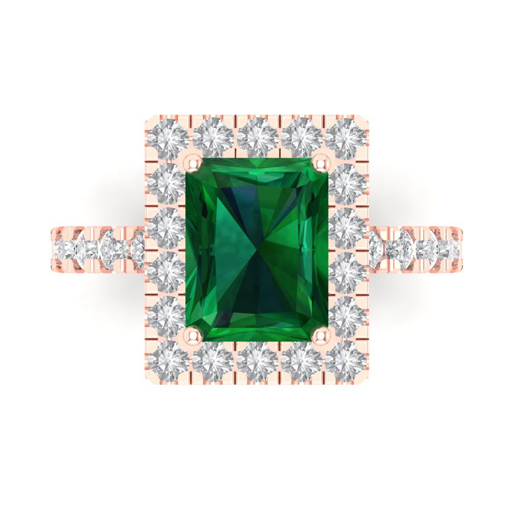 3.84 cttw Simulated Emerald Solitaire with Zirconia Simulated Diamond Accents Engagement Ring - Solid Rose Gold (VVS1, Emerald Cut,9x7mm)