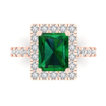 3.84 cttw Simulated Emerald Solitaire with Zirconia Simulated Diamond Accents Engagement Ring - Solid Rose Gold (VVS1, Emerald Cut,9x7mm)