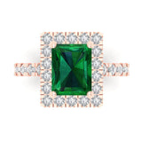 3.84 ct Brilliant Emerald Cut Simulated Emerald Stone Rose Gold halo Solitaire with Accents Ring
