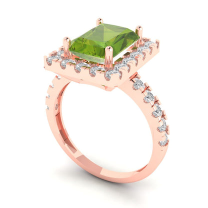 3.84 cttw Natural Peridot Solitaire with Zirconia Simulated Diamond Accents Engagement Ring - Solid Rose Gold (VVS1, Emerald Cut,9x7mm)