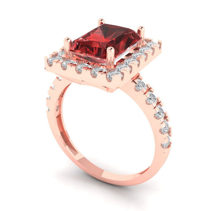 3.84 cttw Natural Garnet Solitaire with Zirconia Simulated Diamond Accents Engagement Ring - Solid Rose Gold (VVS1, Emerald Cut,9x7mm)