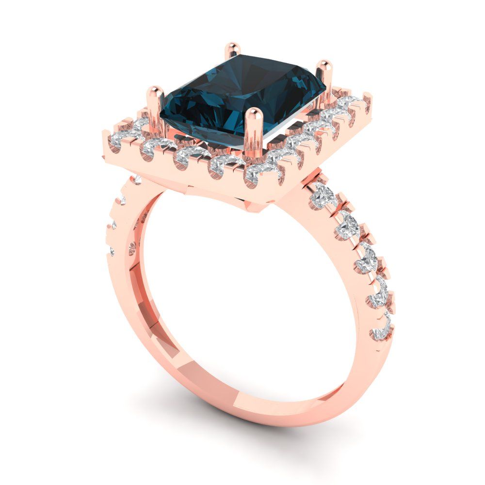 3.84 cttw Natural London Blue Topaz Solitaire with Zirconia Simulated Diamond Accents Engagement Ring - Solid Rose Gold (VVS1, Emerald Cut,9x7mm)