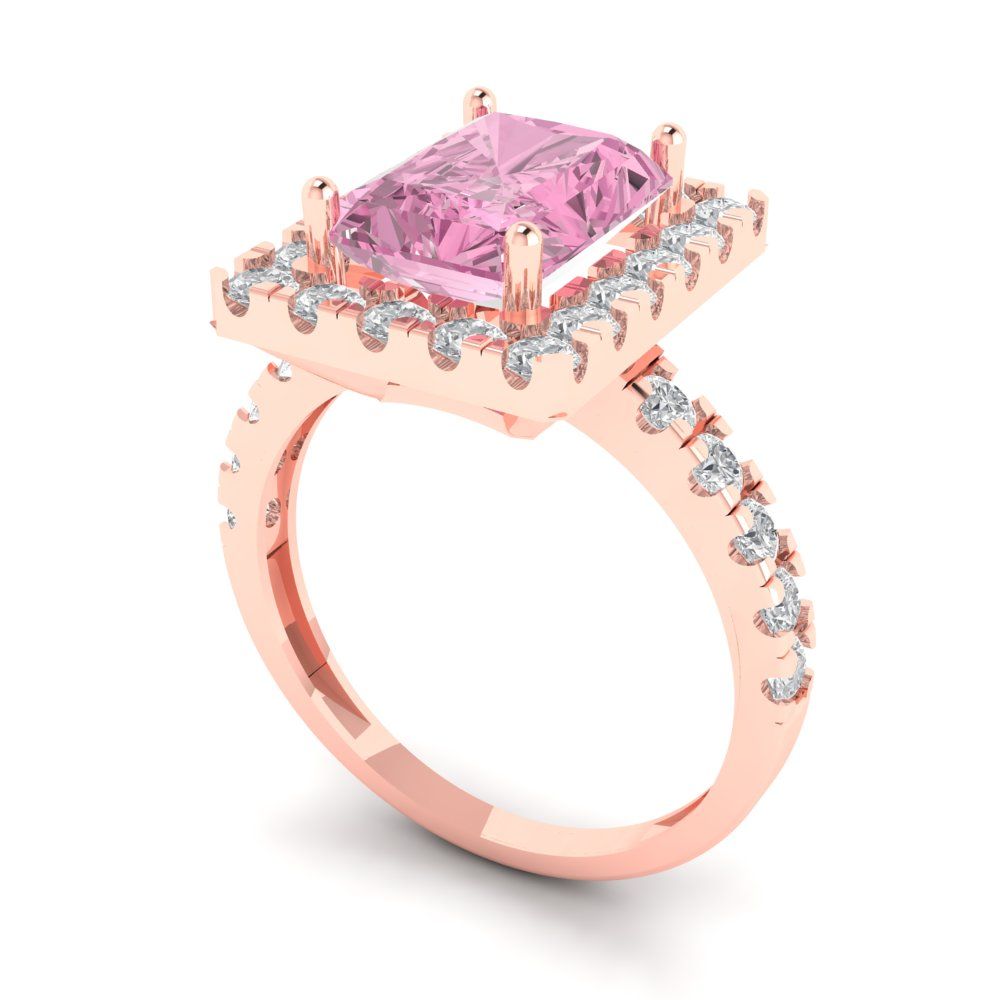 3.84 cttw Zirconia Simulated Pink Diamond Solitaire with Zirconia Simulated Diamond Accents Engagement Ring - Solid Rose Gold (VVS1, Emerald Cut,9x7mm)