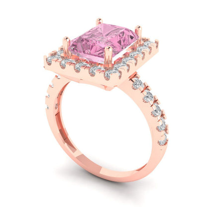 3.84 cttw Zirconia Simulated Pink Diamond Solitaire with Zirconia Simulated Diamond Accents Engagement Ring - Solid Rose Gold (VVS1, Emerald Cut,9x7mm)
