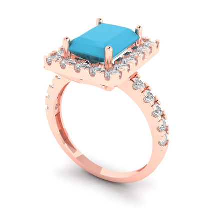 3.84 cttw Simulated Turquoise Solitaire with Zirconia Simulated Diamond Accents Engagement Ring - Solid Rose Gold (VVS1, Emerald Cut,9x7mm)