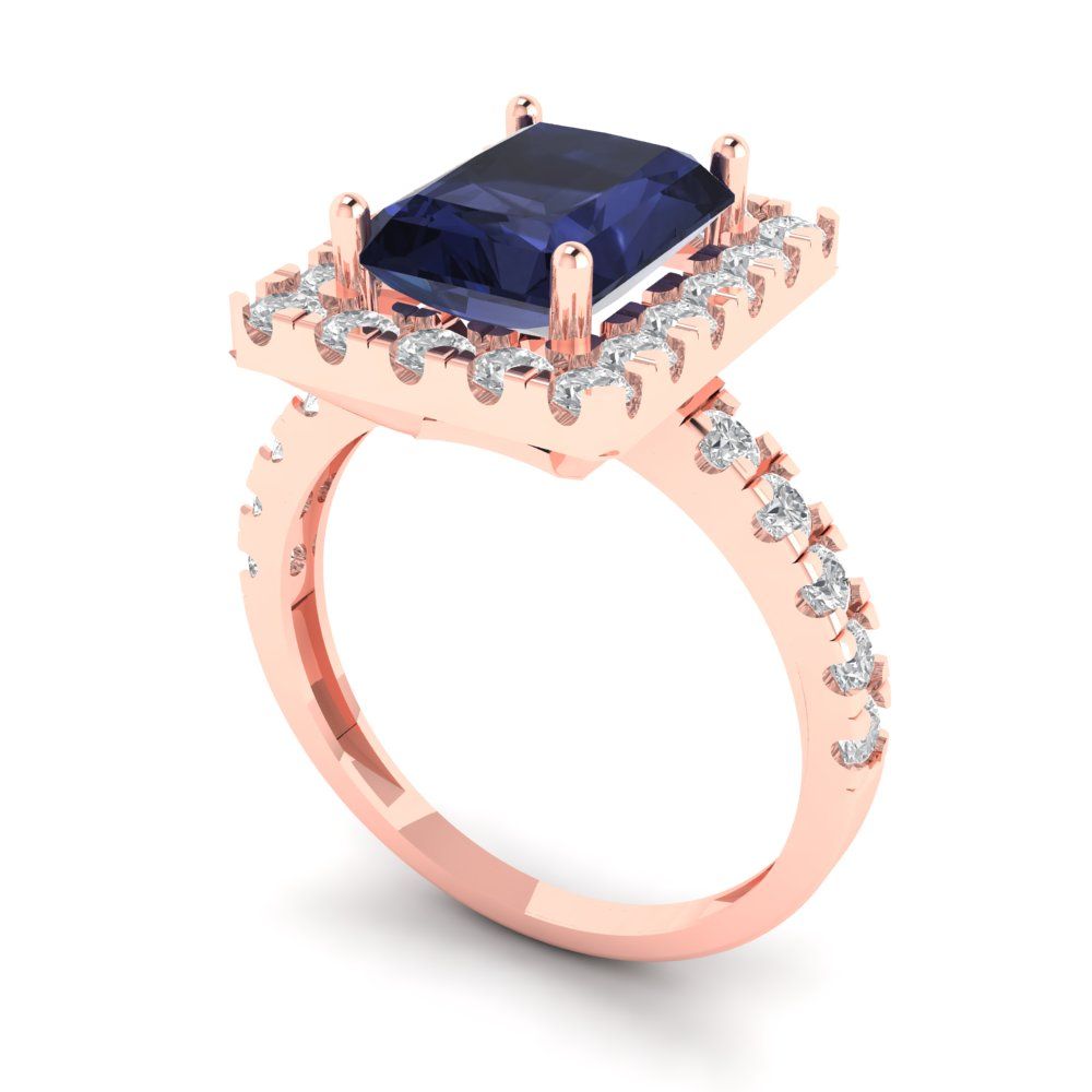 3.84 cttw Simulated Blue Sapphire Solitaire with Zirconia Simulated Diamond Accents Engagement Ring - Solid Gold (Emerald Cut,9x7mm)