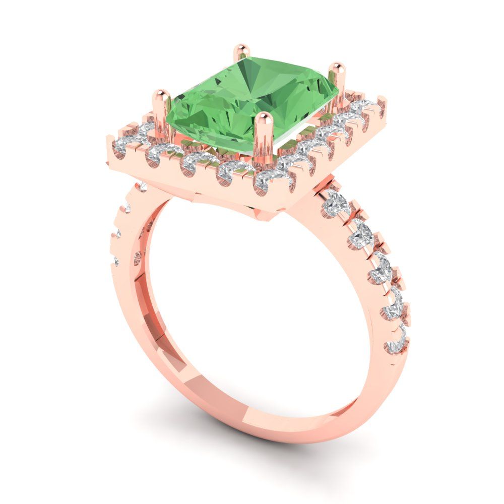 3.84 cttw Zirconia Simulated Green Diamond Solitaire with Zirconia Simulated Diamond Accents Engagement Ring - Solid Rose Gold (VVS1, Emerald Cut,9x7mm)