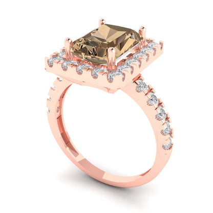 3.84 cttw Zirconia Simulated Champagne Diamond Solitaire with Zirconia Simulated Diamond Accents Engagement Ring - Solid Rose Gold (VVS1, Emerald Cut,9x7mm)