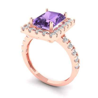 3.84 cttw Simulated Alexandrite Solitaire with Zirconia Simulated Diamond Accents Engagement Ring - Solid Rose Gold (VVS1, Emerald Cut,9x7mm)