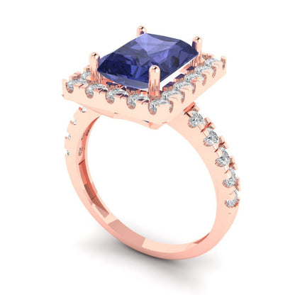 3.84 cttw Simulated Tanzanite Solitaire with Zirconia Simulated Diamond Accents Engagement Ring - Solid Rose Gold (VVS1, Emerald Cut,9x7mm)