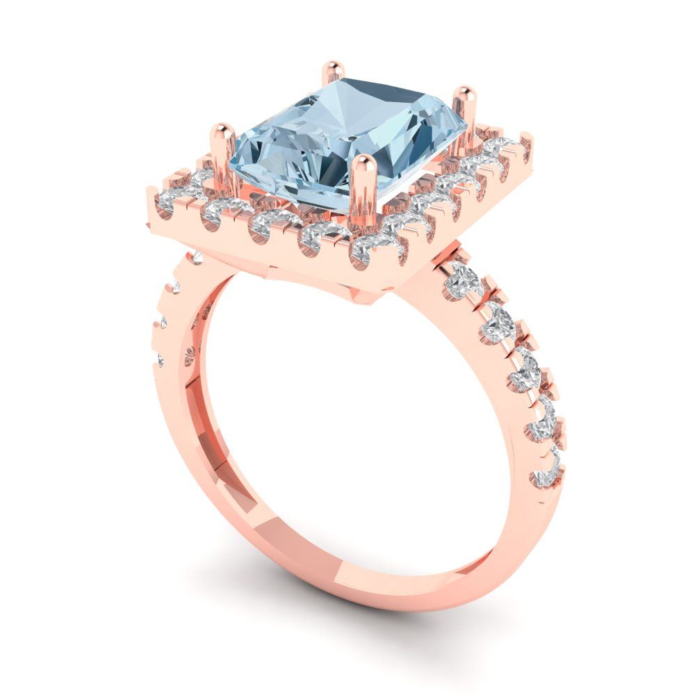 3.84 cttw Natural Aquamarine Solitaire with Zirconia Simulated Diamond Accents Engagement Ring - Solid Rose Gold (VVS1, Emerald Cut,9x7mm)