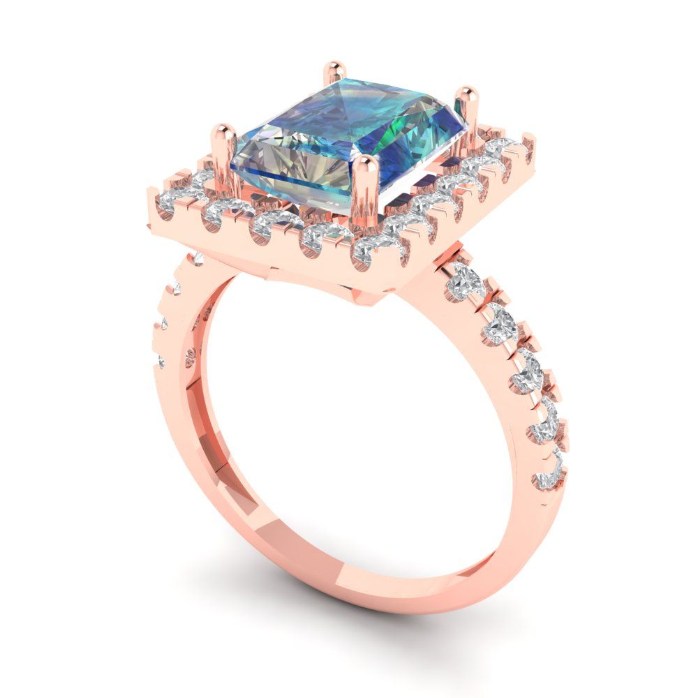 3.84 cttw Blue Moissanite Solitaire with Zirconia Simulated Diamond Accents Engagement Ring - Solid Gold (Emerald Cut,9x7mm)