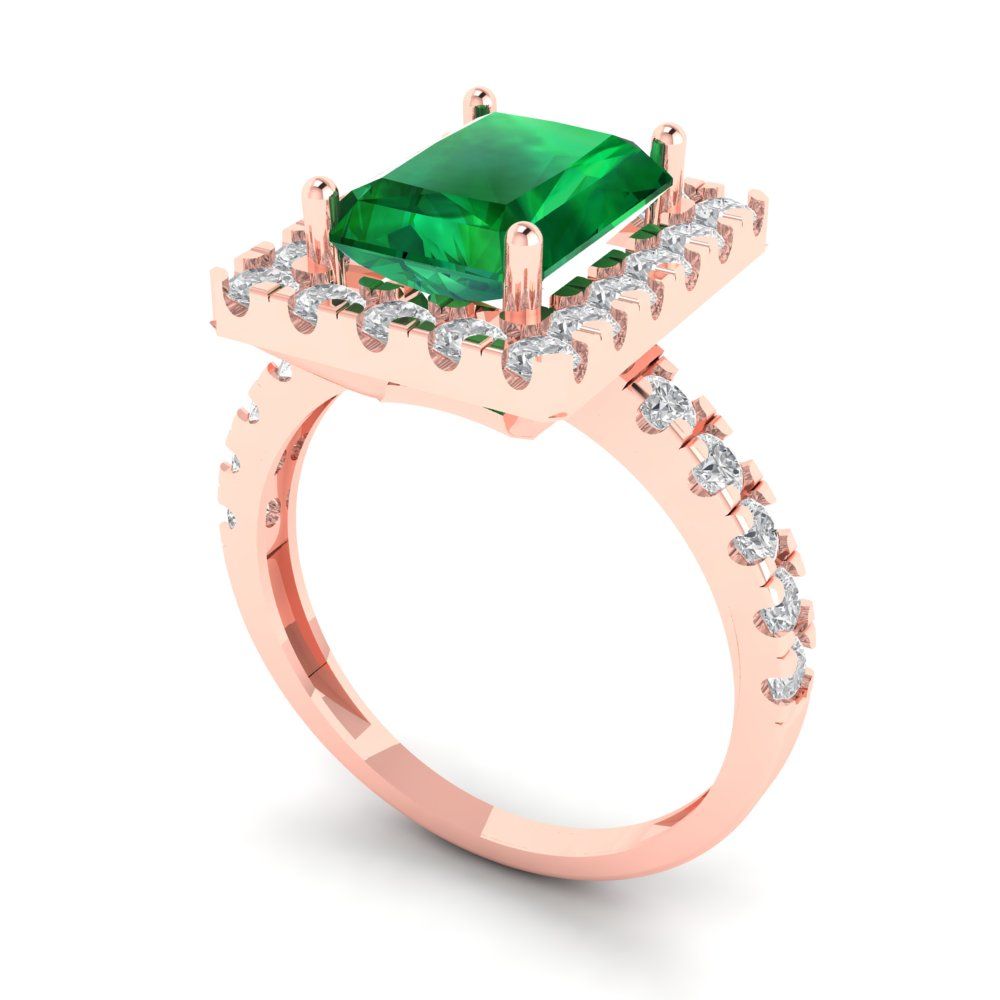 3.84 cttw Simulated Emerald Solitaire with Zirconia Simulated Diamond Accents Engagement Ring - Solid Rose Gold (VVS1, Emerald Cut,9x7mm)