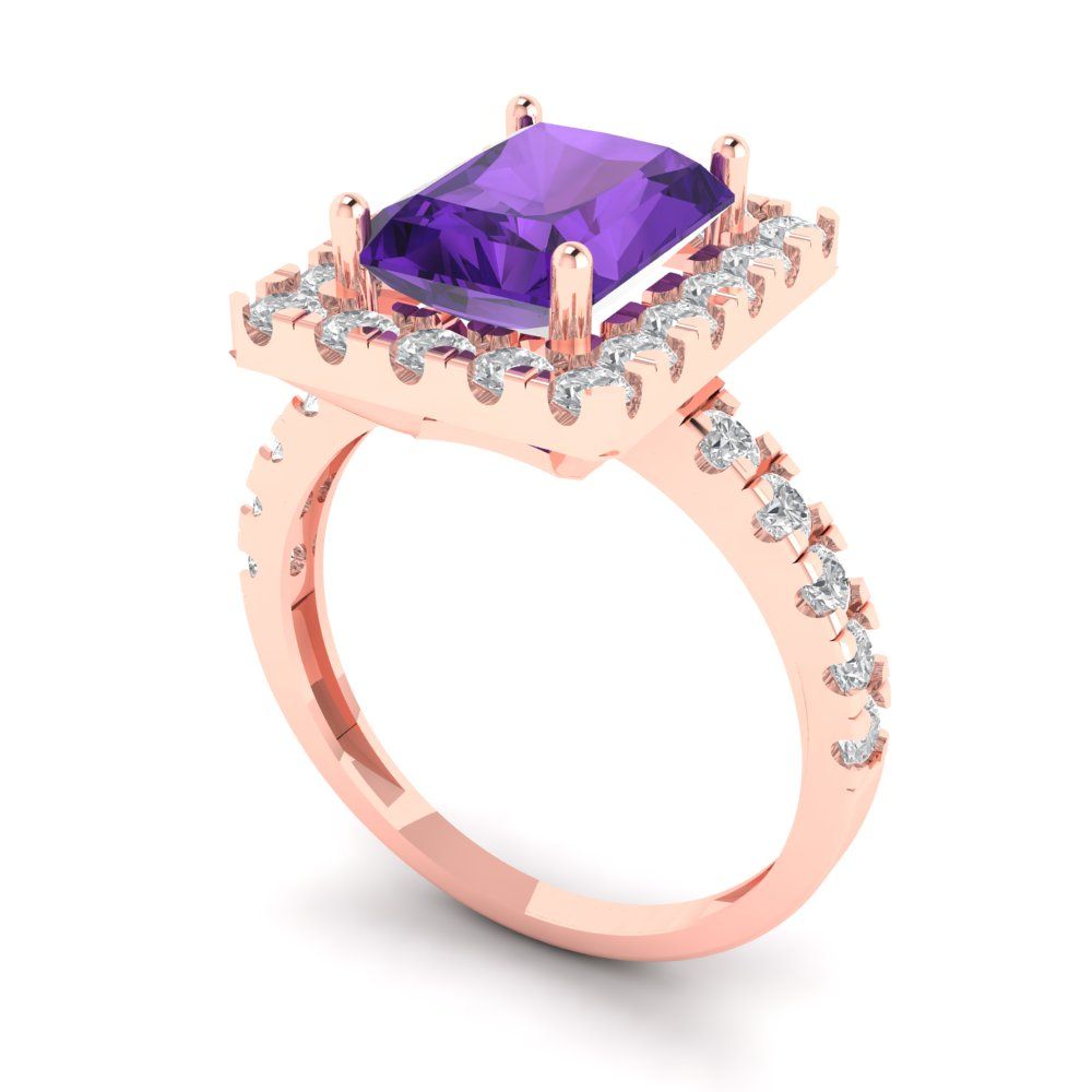 3.84 cttw Natural Amethyst Solitaire with Zirconia Simulated Diamond Accents Engagement Ring - Solid Gold (Emerald Cut,9x7mm)
