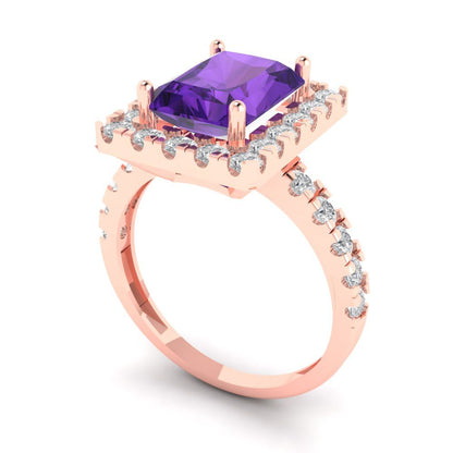 3.84 cttw Natural Amethyst Solitaire with Zirconia Simulated Diamond Accents Engagement Ring - Solid Gold (Emerald Cut,9x7mm)