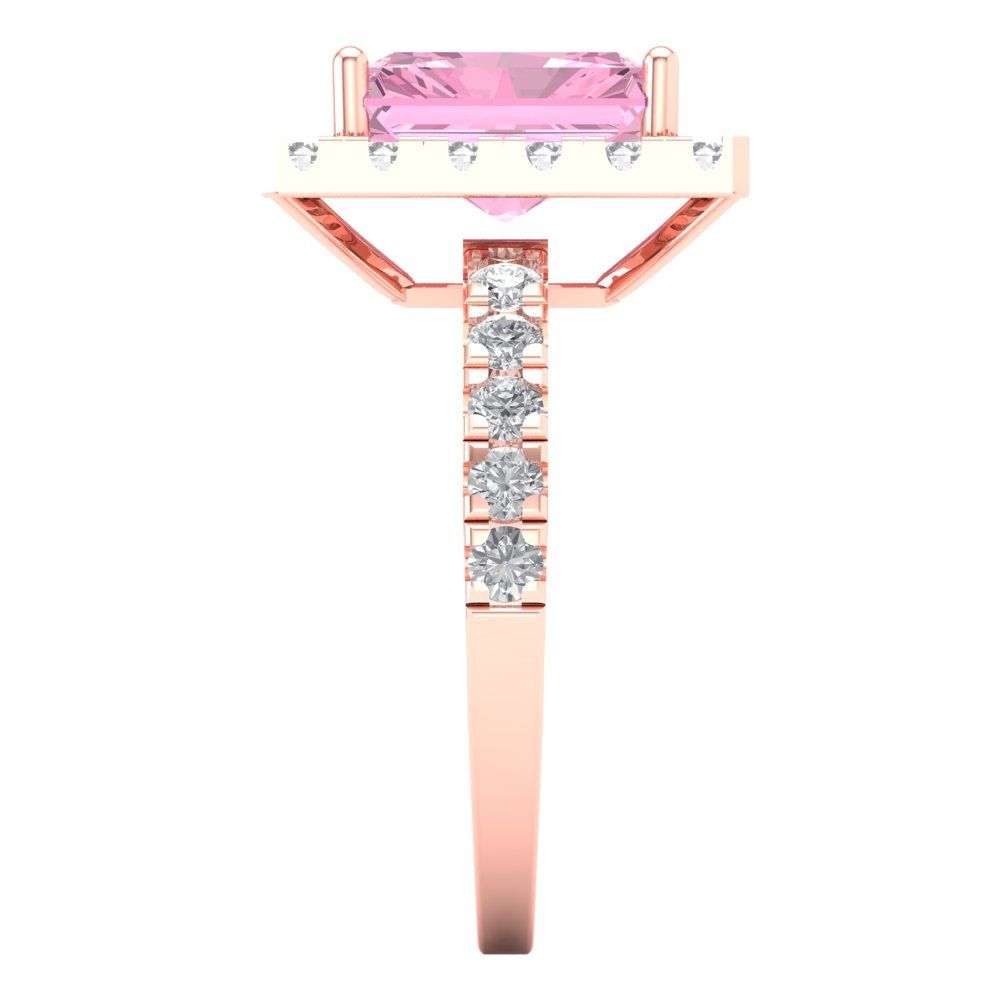 3.84 cttw Zirconia Simulated Pink Diamond Solitaire with Zirconia Simulated Diamond Accents Engagement Ring - Solid Rose Gold (VVS1, Emerald Cut,9x7mm)