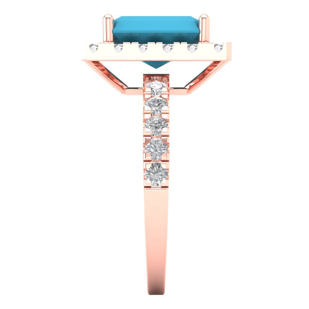 3.84 cttw Simulated Turquoise Solitaire with Zirconia Simulated Diamond Accents Engagement Ring - Solid Rose Gold (VVS1, Emerald Cut,9x7mm)