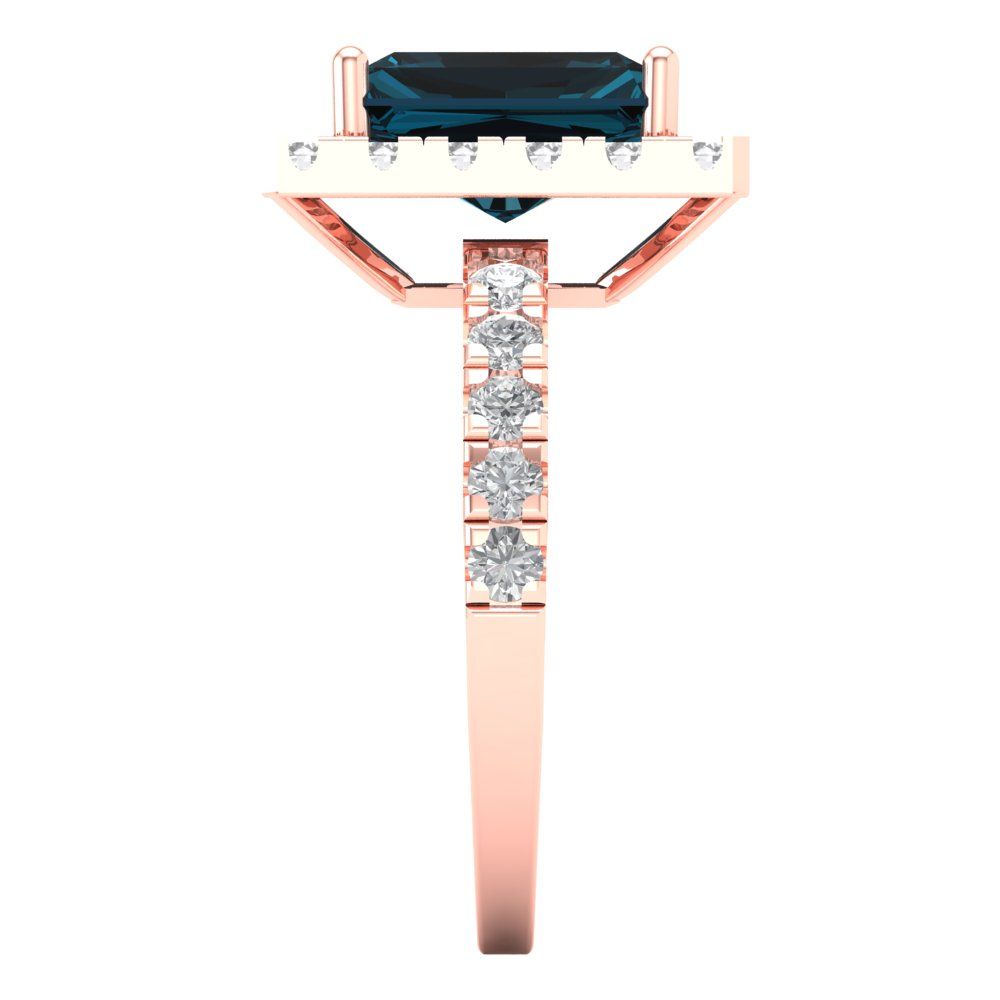3.84 cttw Natural London Blue Topaz Solitaire with Zirconia Simulated Diamond Accents Engagement Ring - Solid Rose Gold (VVS1, Emerald Cut,9x7mm)