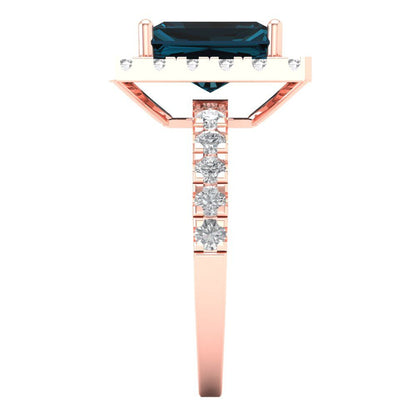 3.84 cttw Natural London Blue Topaz Solitaire with Zirconia Simulated Diamond Accents Engagement Ring - Solid Rose Gold (VVS1, Emerald Cut,9x7mm)