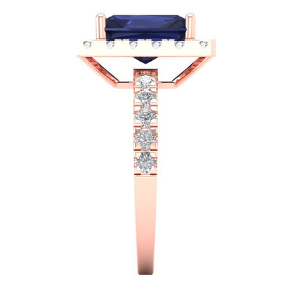 3.84 cttw Simulated Blue Sapphire Solitaire with Zirconia Simulated Diamond Accents Engagement Ring - Solid Gold (Emerald Cut,9x7mm)