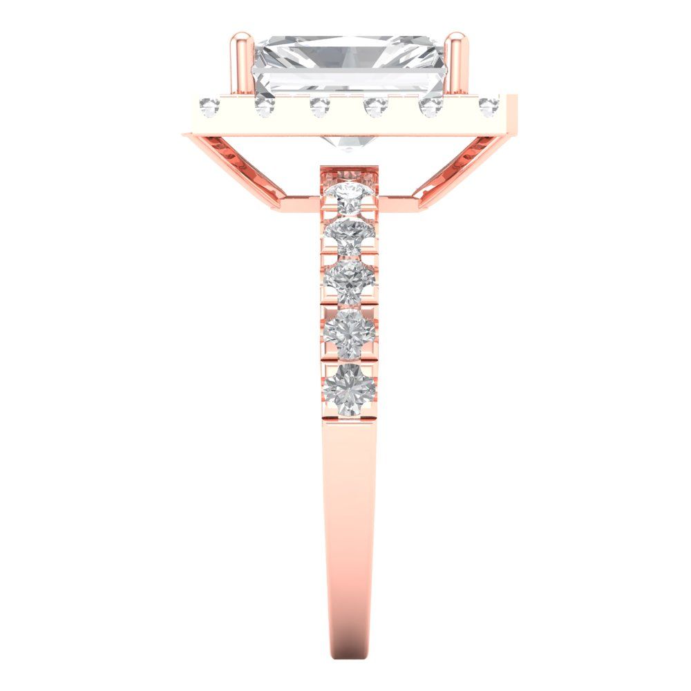 3.84 cttw Moissanite Solitaire with Zirconia Simulated Diamond Accents Engagement Ring - Solid Rose Gold (VVS1, Emerald Cut,9x7mm)