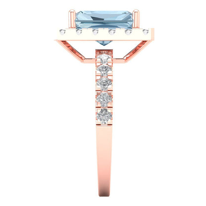 3.84 cttw Natural Aquamarine Solitaire with Zirconia Simulated Diamond Accents Engagement Ring - Solid Rose Gold (VVS1, Emerald Cut,9x7mm)