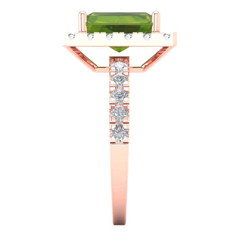 3.84 cttw Natural Peridot Solitaire with Zirconia Simulated Diamond Accents Engagement Ring - Solid Rose Gold (VVS1, Emerald Cut,9x7mm)