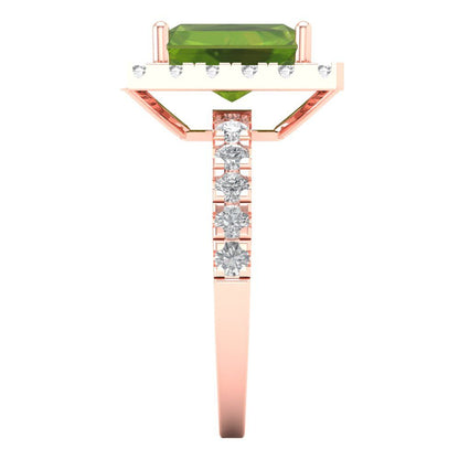 3.84 cttw Natural Peridot Solitaire with Zirconia Simulated Diamond Accents Engagement Ring - Solid Rose Gold (VVS1, Emerald Cut,9x7mm)