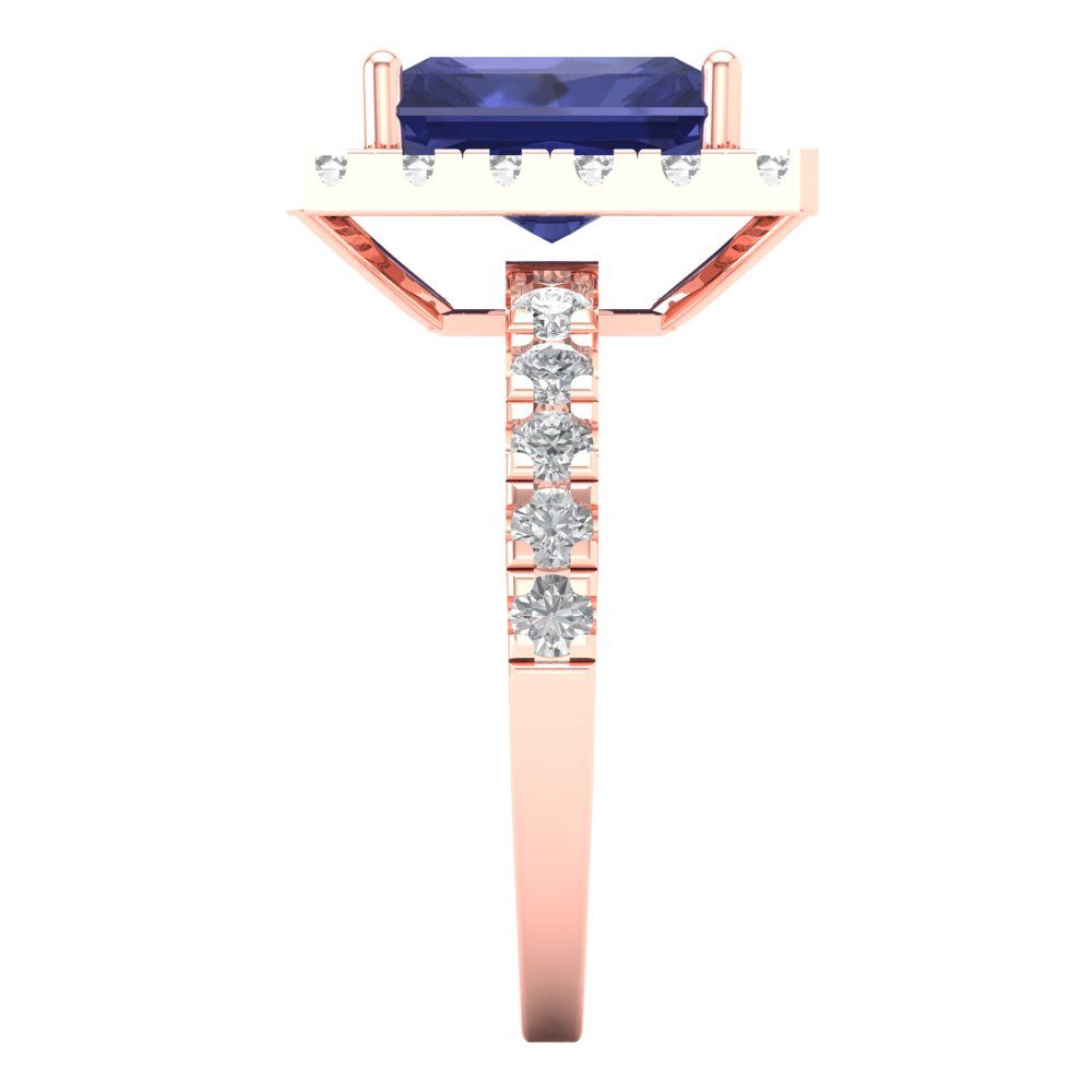 3.84 cttw Simulated Tanzanite Solitaire with Zirconia Simulated Diamond Accents Engagement Ring - Solid Rose Gold (VVS1, Emerald Cut,9x7mm)