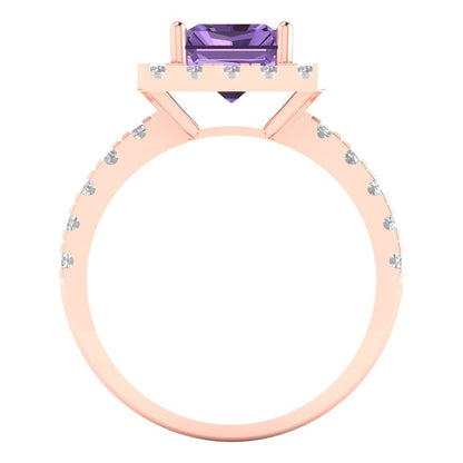 3.84 cttw Simulated Alexandrite Solitaire with Zirconia Simulated Diamond Accents Engagement Ring - Solid Rose Gold (VVS1, Emerald Cut,9x7mm)