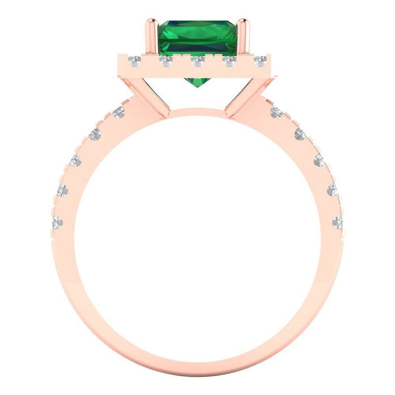 3.84 ct Brilliant Emerald Cut Simulated Emerald Stone Rose Gold halo Solitaire with Accents Ring