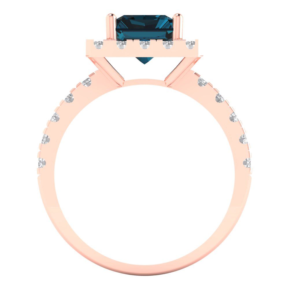 3.84 cttw Natural London Blue Topaz Solitaire with Zirconia Simulated Diamond Accents Engagement Ring - Solid Rose Gold (VVS1, Emerald Cut,9x7mm)