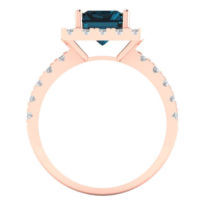 3.84 cttw Natural London Blue Topaz Solitaire with Zirconia Simulated Diamond Accents Engagement Ring - Solid Rose Gold (VVS1, Emerald Cut,9x7mm)