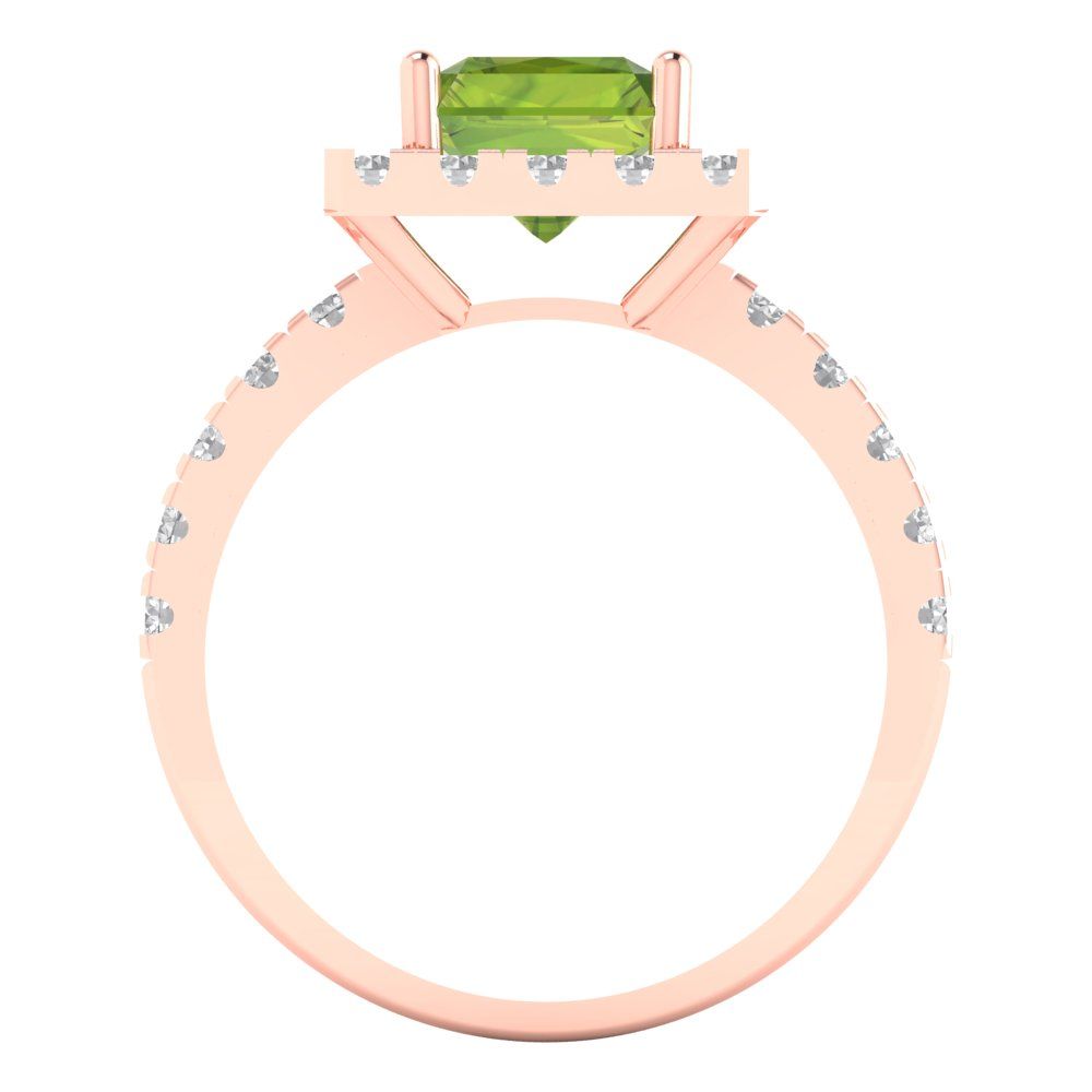 3.84 cttw Natural Peridot Solitaire with Zirconia Simulated Diamond Accents Engagement Ring - Solid Rose Gold (VVS1, Emerald Cut,9x7mm)